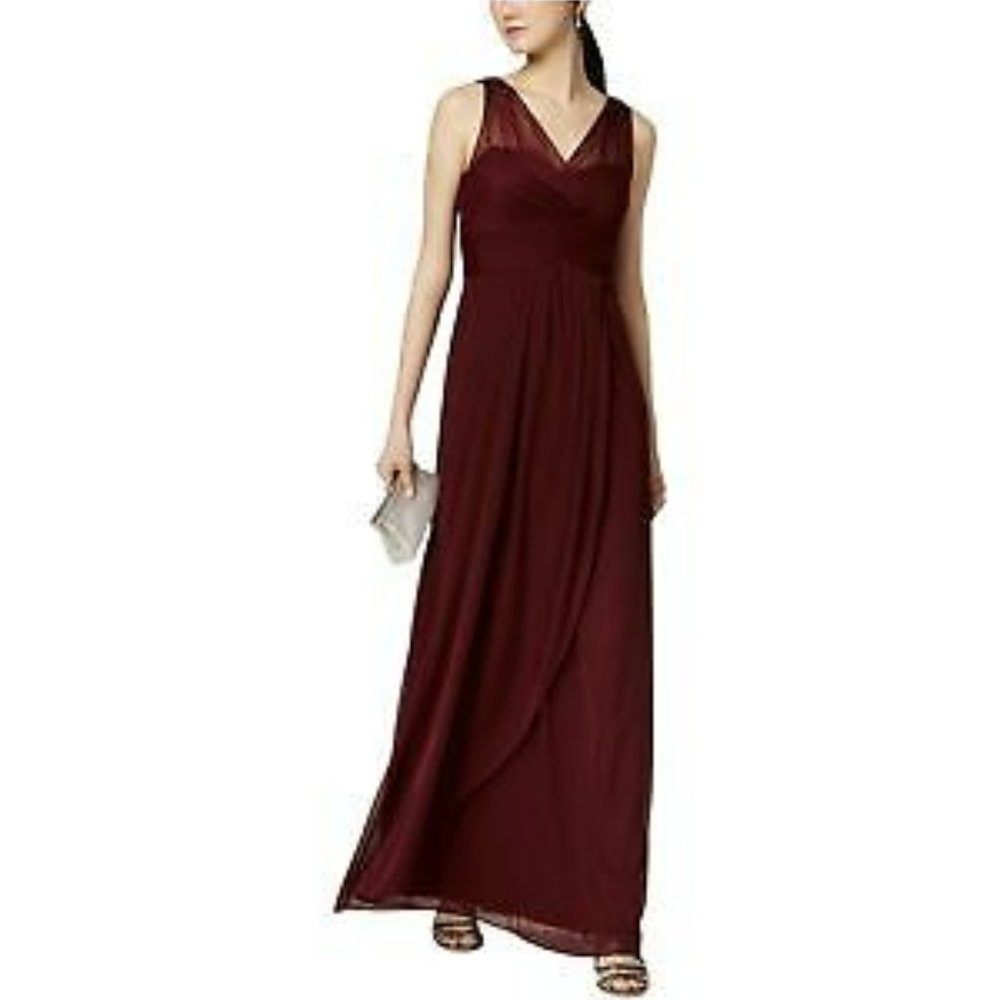ADRIANNA PAPELL Women's Burgundy Ruched Full-Length Evening Sheath